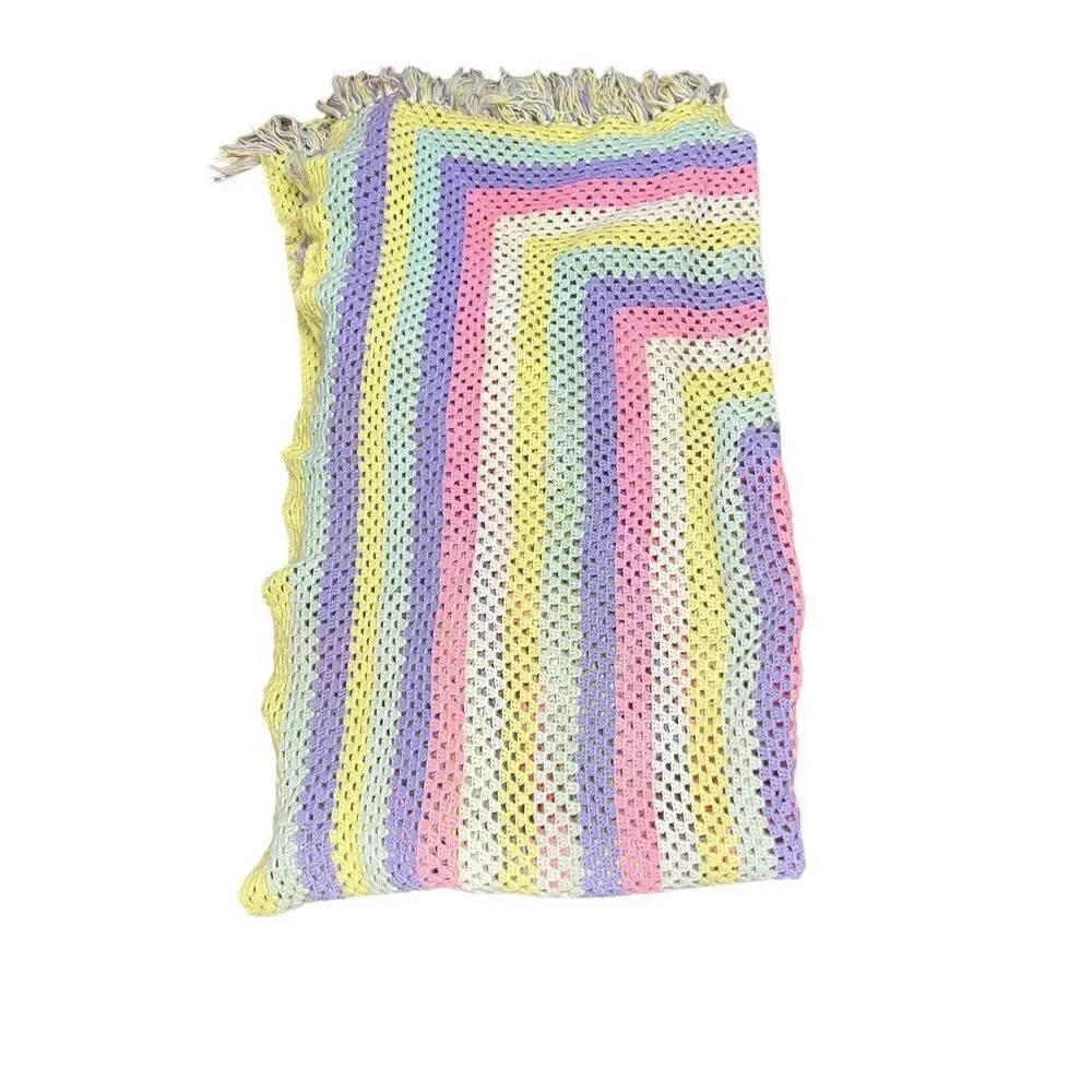 Multicolor Striped Fringe Knitted Blanket Size 80” x 83”